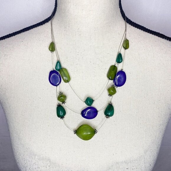 Blue Green Beaded Illusion Necklace Silver Chain 20” Adjustable - Picture 1 of 4